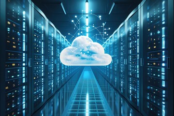 Aufkleber - A cloud can be seen floating in the midst of a server room filled with rows of server racks and blinking lights, An infographic comparing NAS storage with cloud storage, AI Generated