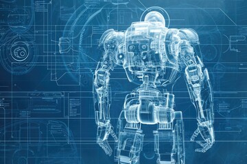 Poster - a blueprint image capturing the detailed design of a robot, placed against a solid blue background, 