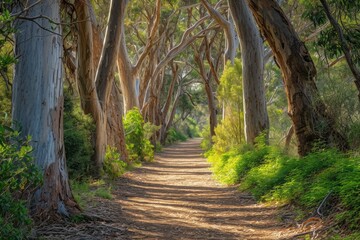 Sticker - A winding dirt road meanders through a thick forest, with trees and bushes creating a lush green canopy, An inviting scenic trail under a canopy of whispering eucalyptus trees, AI Generated