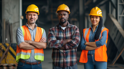 Wall Mural - three construction workers, each wearing hard hats and high-visibility vests, are standing confidently in an industrial setting.