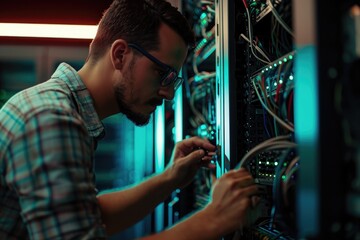 Aufkleber - An IT technician can be seen working diligently on a server in a busy server room, surrounded by racks of equipment and cables, An IT professional repairing a supercomputer, AI Generated