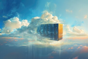 Poster - painting of a server floating amongst the clouds, an oil painting style depiction of modern cloud st