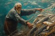 A realistic painting depicting a man proudly holding a net filled with an abundant catch of fish, An old fisherman pulling in a large net filled with various types of fish, AI Generated