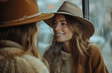 Wall Mural - one woman wearing a hat and a smile sitting by a window looking at a woman with a cup of tea