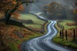 A serene rural landscape with a winding road through misty autumn forests and mystical vibes.