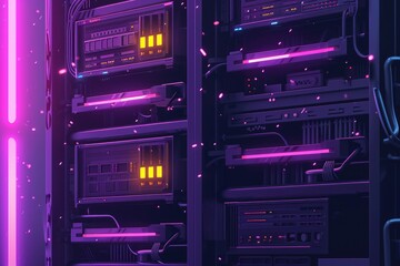 Poster - A row of high-performance servers lined up neatly in a modern data center, processing and storing massive amounts of information, Animation-style imagery of a working NAS storage system, AI Generated
