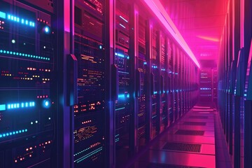 Aufkleber - a photo showing a long row of servers in a bustling data center, with blinking lights indicating act