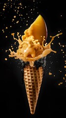 Canvas Print - Mango ice cream cone mid-splash against dark background, lively frozen dessert, perfect for ads and food blogs. AI