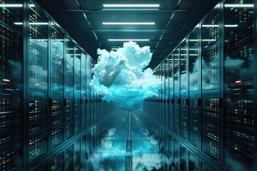 Aufkleber - A cloud hovers in the middle of a server room, surrounded by rows of computers and network equipment, Artistic demonstration of seamless data transfer in cloud storage, AI Generated