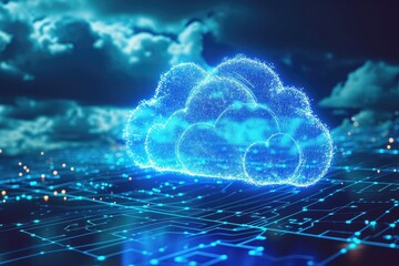 Poster - A blue cloud hovers above a meticulously designed computer circuit, creating a captivating visual contrast, Artistic depiction of a universal cloud storage system, AI Generated
