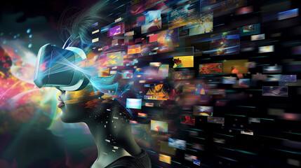 Wall Mural - person wearing a virtual reality helmet, with images and different content flowing out of the helmet