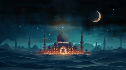 Wall Mural - Background mosque for ramadhan kareem celebration with golden moon, Generative AI, video