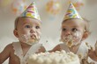 Two adorable babies wearing colorful birthday hats sitting side by side and happily eating cake, Babies in cute birthday hats and bibs making a mess with cake, AI Generated