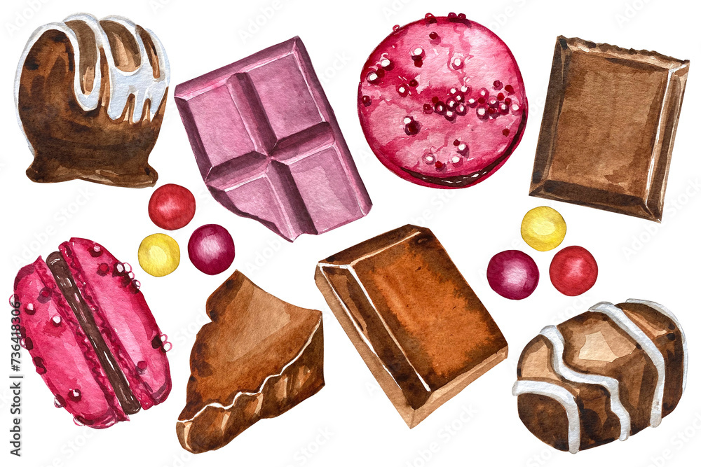 Watercolor chocolate bar. Hand drawn set isolated on a white macarrons ...