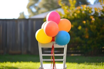 Wall Mural - A group of vibrant balloons is neatly arranged on top of a clean white chair in a bright room, Balloons tied to the back of a birthday chair, AI Generated