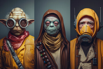Wall Mural - Characters in futuristic props from retro sci-fi series. Nostalgia concept with peoples wearing retrofuturistic costumes