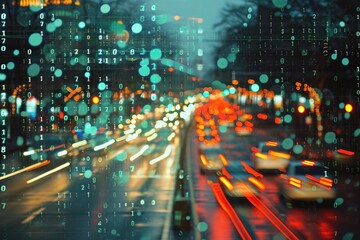 Wall Mural - This photo captures the bustling activity of a city street, with blurry cars in motion, Binary code pattern of city traffic lights, AI Generated