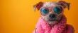 A stylish indoor mammal, a brown-eyed dog of a unique breed, confidently rocks pink sunglasses, showcasing their playful and fashionable personality as a beloved pet