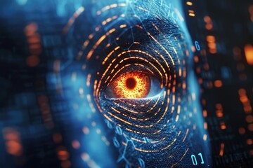Poster - close-up of computer screen with reflected eye, biometric security details like fingerprint, iris, a