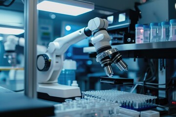 Poster - A laboratory room featuring a microscope and various test tubes used for scientific analysis and experimentation, Biotech robotics performing precision tasks, AI Generated
