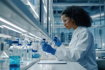 Poster - A female scientist wearing a lab coat and goggles performs experiments in a laboratory, Biotech startup working in a lab, AI Generated