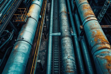 Poster - Numerous pipes are organized in orderly rows stretching across a vast industrial area, Bird's eye view of endless industrial pipelines, AI Generated