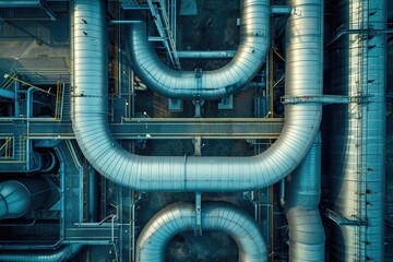 Poster - A photograph capturing a multitude of pipes in a sprawling industrial building, showcasing the complex network and infrastructure within, Bird's eye view of endless industrial pipelines, AI Generated