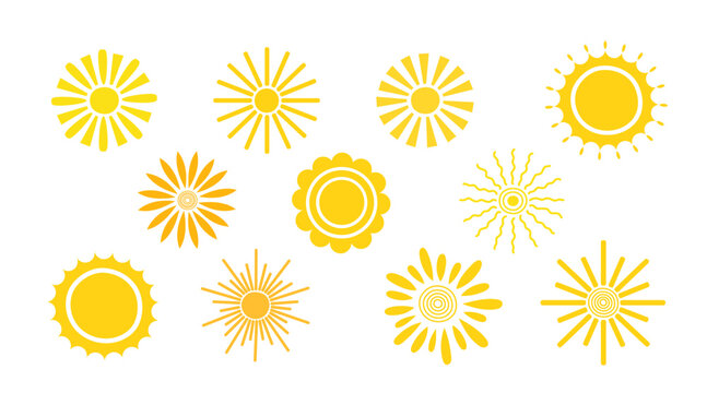 simple yellow suns set vector flat illustration with round shape middle and beams, cute summer image