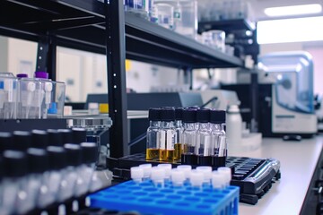 Poster - A busy laboratory showcasing an abundance of bottles filled with various liquids, Blood test lab with robotic automation, AI Generated