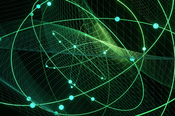 Glowing green atomic molecules surrounded by meshes on dark background. Illustration of the concept of atomic science and quantum computing