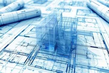 Poster - An image showcasing a blueprint of a house positioned on top of a stack of other blueprints, Blueprints and 3D models of a future building blending together, AI Generated