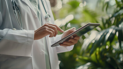 Poster - healthcare professional in a white coat with a stethoscope around the neck using a digital tablet