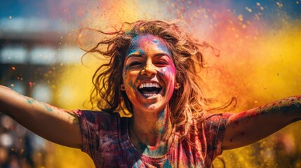 Wall Mural - young woman celebrating holi festival outdoors. Fun with colours. A vibrant splash of colors