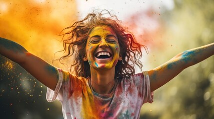 Wall Mural - young woman celebrating holi festival outdoors. Fun with colours. A vibrant splash of colors