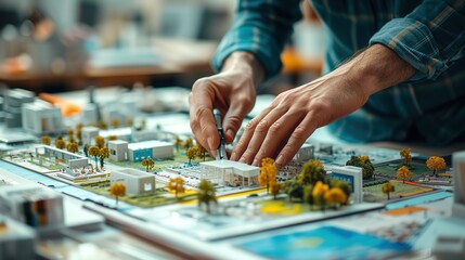 An architect's hands are meticulously adjusting a building within a detailed scale model of an urban planning project.