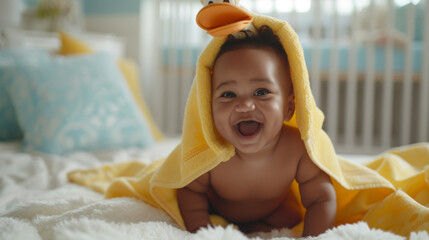 Poster - joyful baby wrapped in a yellow duck-themed hooded towel, sitting with a big smile in a bright, cozy room.