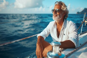 Wall Mural - A lone man, sporting sunglasses and dressed in nautical attire, navigates his ship through the vast ocean as the sky stretches endlessly above, with only a woman by his side for company