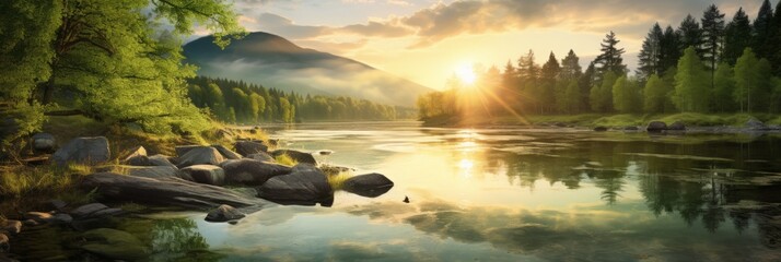 Canvas Print - Tranquil scene of a panoramic landscape with sunset and sky over idyllic lake and river with reflection