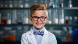 Fototapeta Natura - 6 year old boy stands as a professor with a bow tie in front of a blackboard with formulas
