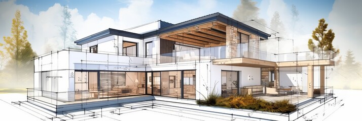 Poster - vision of architecture of a 3d model house project with blueprint