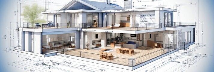 Poster - vision of architecture of a 3d model house project with blueprint