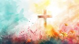 Fototapeta Motyle - Easter Worship: Joyful Christian Praising with Cross in Watercolor Generative AI