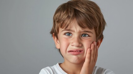 Wall Mural - little boy presses hand to cheek, suffers from pain in tooth isolated on gray studio background. Teeth decay, dental problems, child emotions and facial expression