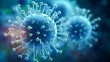 A detailed 3D illustration of a virus with green spike proteins on a deep blue backdrop with ample copy space, ideal for educational and medical design purposes.