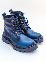 Wall Mural - Pair of blue combat boots on white background.