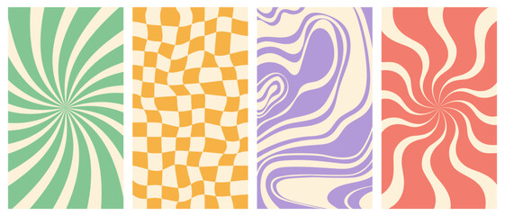 Wall Mural - Vector set of vertical groovy poster in trendy 70s style. Twisted and distorted retro backgrounds. Vector illustration