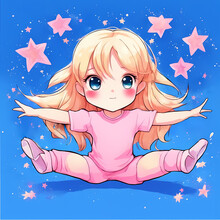 Little Girl In A Pink Suit Does Gymnastics, Anime Style Illustration  Perfect For Posters, Cards, Wallpaper,covers. Blue Background With Pink Stars