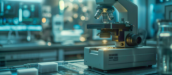 Wall Mural - Small remote scientific lab dimly lit with microscope in focus sitting on a table