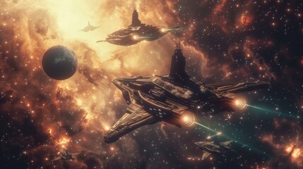 interstellar war scene with battleships in space