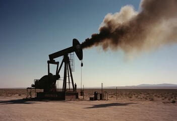 Oil and gas industry. Working oil pump jack on oil field at sunset. Industrial theme